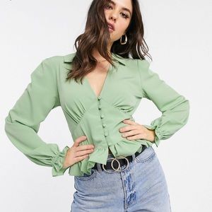 ASOS. Green/Sage button detail blouse with ruffles. Size US 8.